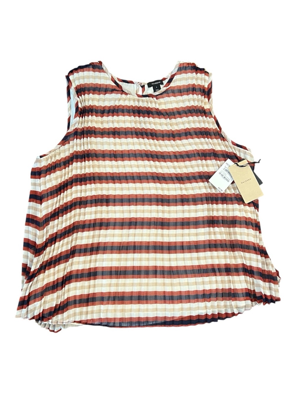 Halogen Pleated Stripe Tank Top Large Lined Brown Cream NWT
